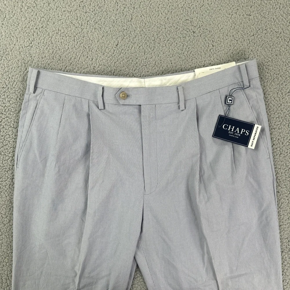 NWT Chaps Dress Pants Men 38x30 Blue White 100% Cotton Pinstripe Double Pleated